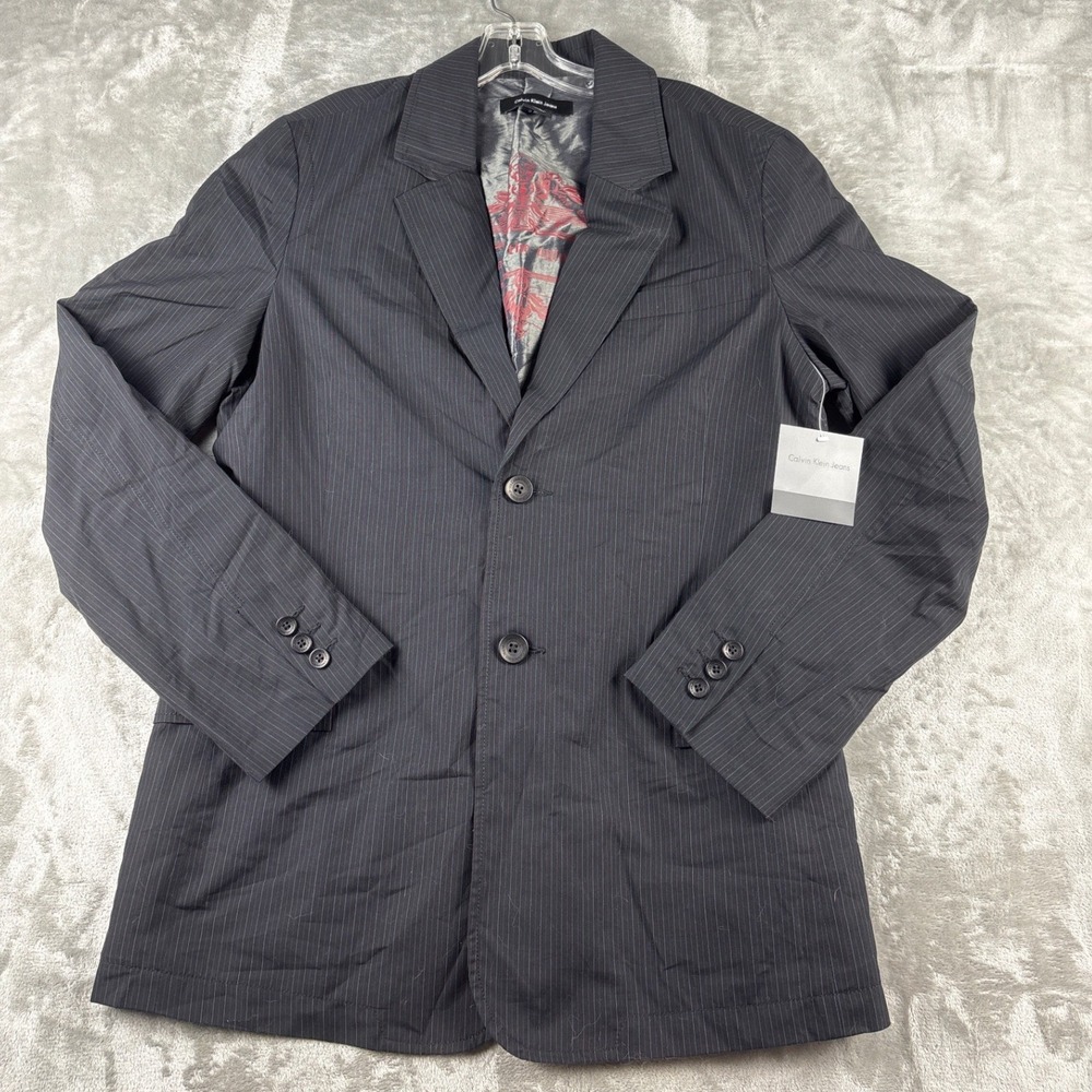Calvin Klein Jeans Blazer Mens Medium Pinstripe Navy Skull Graphic Lining NEW